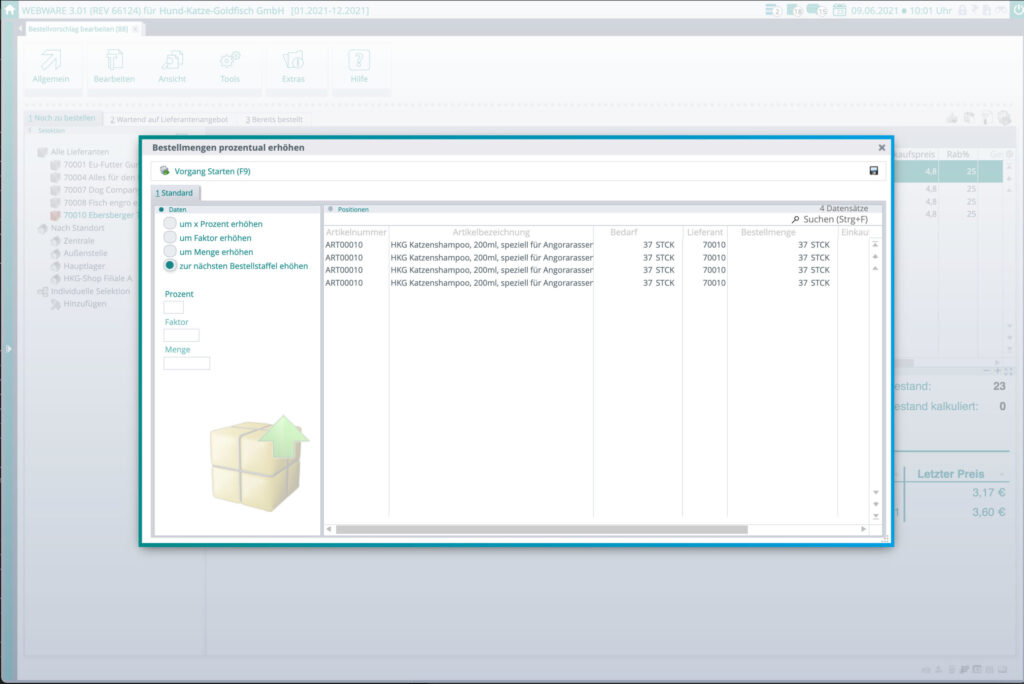 Screen aus der SoftENGINE ERP-SUITE zum Thema Bestellmengen prozentual erhöhen