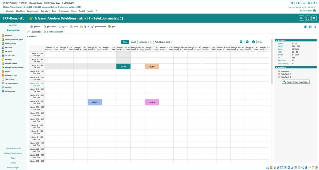 Screen aus der SoftENGINE ERP-SUITE zum Thema Selektionsmatrix