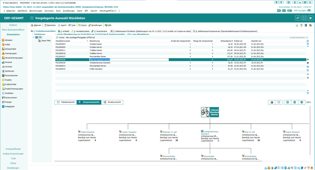 Screenshot aus der SoftENGINE ERP-SUITE zum Thema Mehrstufige Produktionsstücklisten PPS