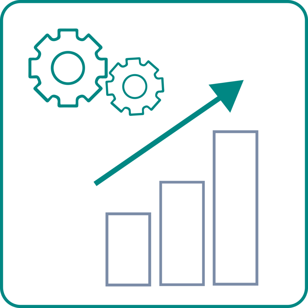 Icon zur Prozessverbesserung; Balkendiagramm mit Pfeil und Zahnrädern