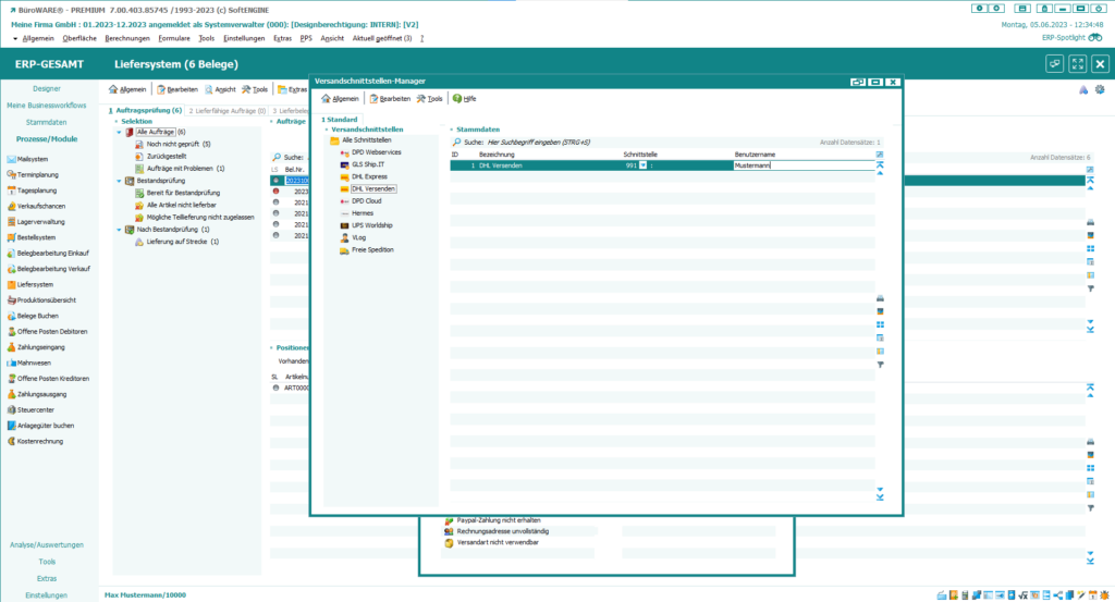 Screen aus dem Versandschnittstellen-Manager der SoftENGINE ERP-SUITE