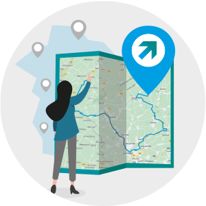 Illustration des Routenplaners, Frau steht vor Karte und sucht den richtigen Weg