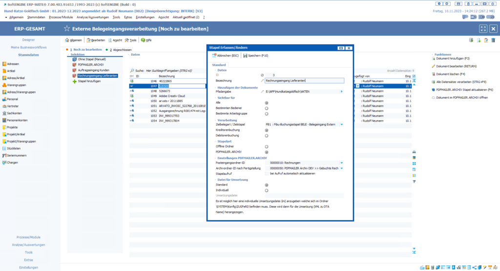 Screen aus der SoftENGINE ERP-SUITE zum Thema Archivieren eines Dokuments, welches bereits in der ERP verwaltet wird