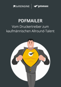 Deckblatt des Whitepaper zum Thema PDFMAILER: Superheld mit gotomaxx-Logo