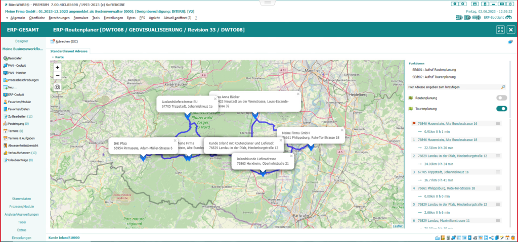 Screen aus der SoftENGINE ERP-SUITE zum Thema Routenplaner