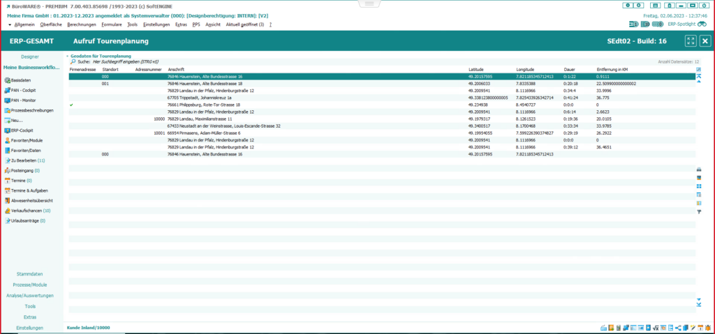 Screen aus der SoftENGINE ERP-SUITE zum Thema Routenplaner