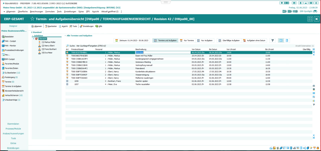 Screen aus der SoftENGINE ERP-SUITE zum Thema Termine und Aufgaben