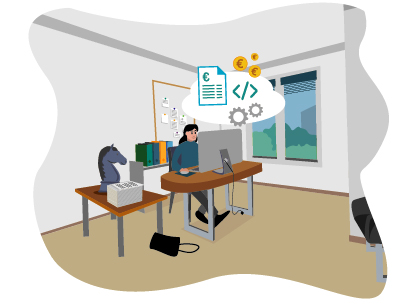 Illustration - Frau arbeitet an PC in einem Büro