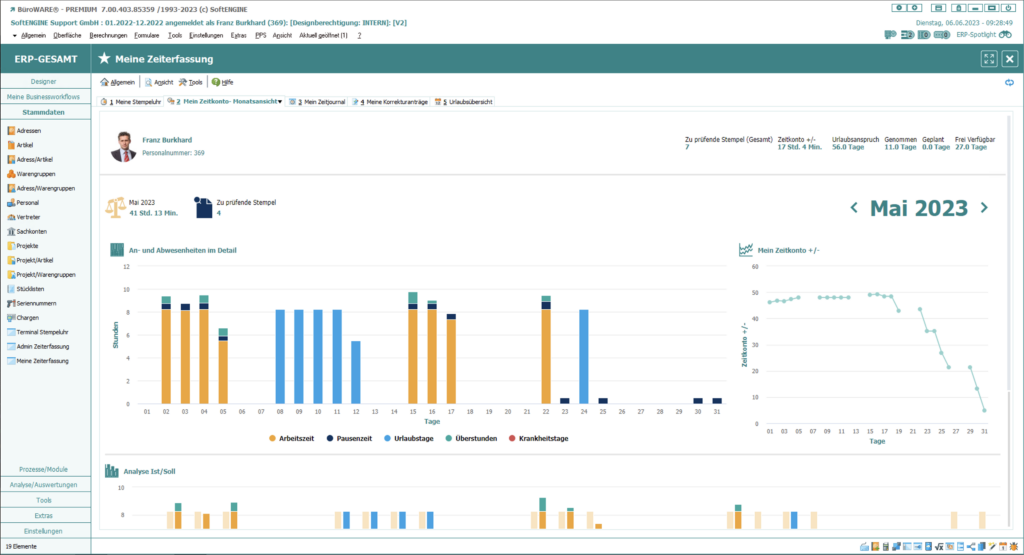 Screen aus der SoftENGINE ERP-SUITE zum Thema Zeitkonto