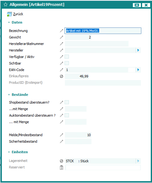 Screen aus der SoftENGINE ERP-SUITE zum Thema Artikel Allgemein