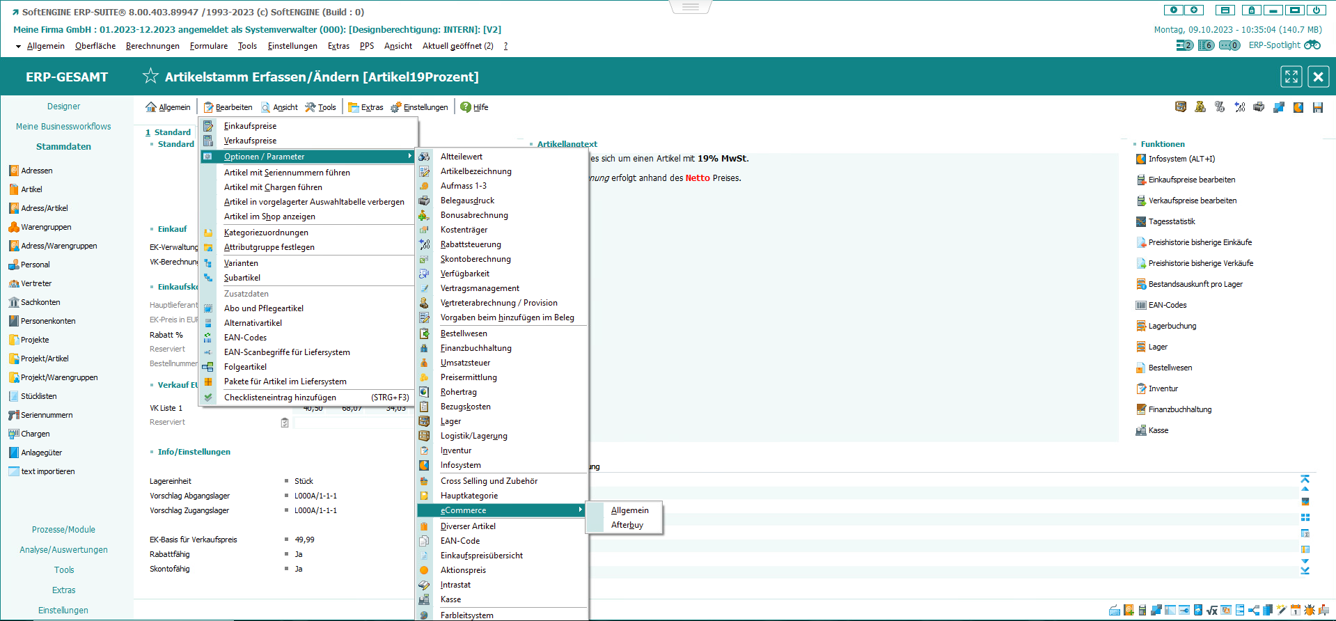 Screen aus der SoftENGINE ERP-SUITE zum Thema Artikelstamm erfassen und ändern