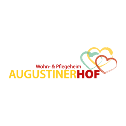 Logo von Augustinerhof; rote und gelbe Schrift mit 3 Herzen in grün, gelb und rot