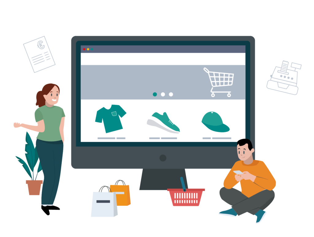 Illustration - ECommerce Website wird auf einem PC-Bildschirm angezeigt