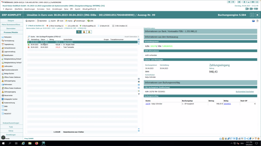 Screen aus der SoftENGINE ERP-SUITE zum Thema InBU - Umsätze in Euro