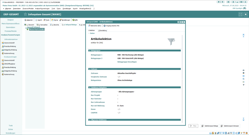 Screen aus der SoftENGINE ERP-SUITE zum Thema Infopool Artikelselektion