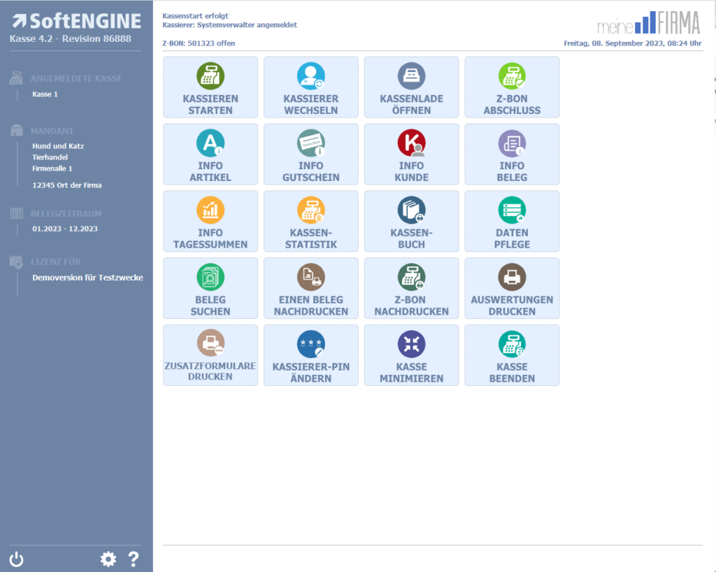 Screen aus der SoftENGINE ERP-SUITE zum Thema Kassenfunktionen - Alle Funktionen aufgezählt