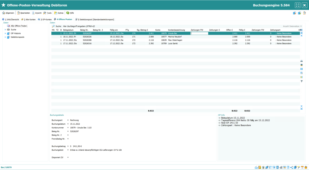 Screen aus der SoftENGINE ERP-SUITE zum Thema Offene-Posten-Vorselektion