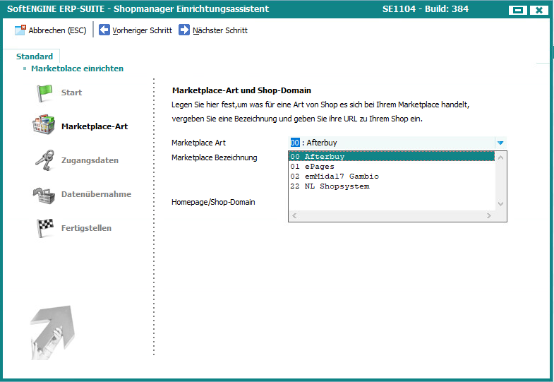 Screen aus der SoftENGINE ERP-SUITE zum Thema Shopmanager Einrichtungsassistent