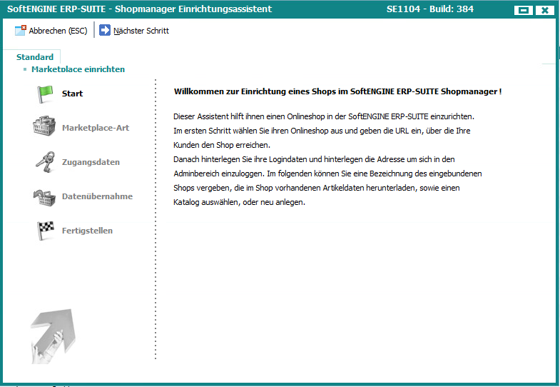 Screen aus der SoftENGINE ERP-SUITE zum Thema Shopmanager Einrichtungsassistent