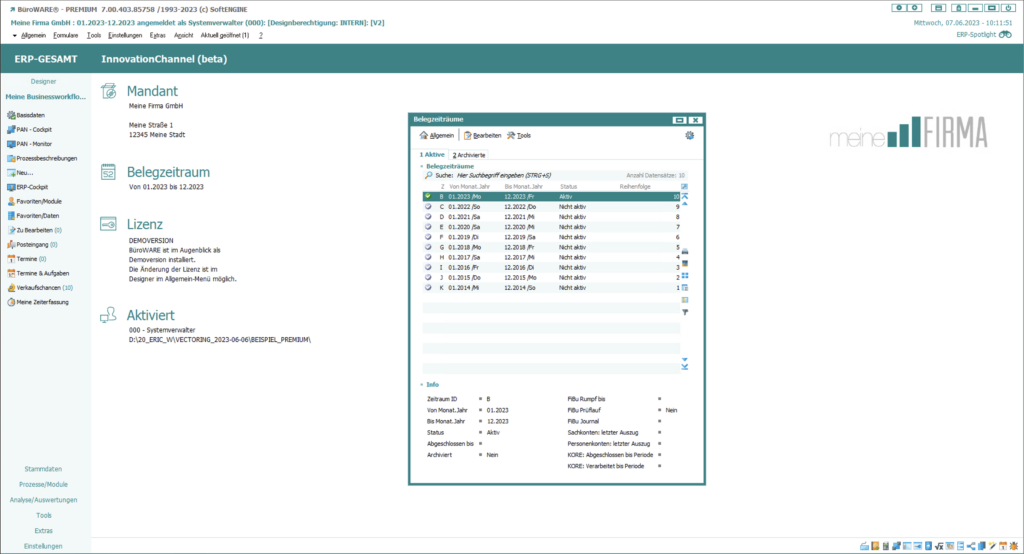 Screen aus der SoftENGINE ERP-SUITE zum Thema Zeitraumverwaltung