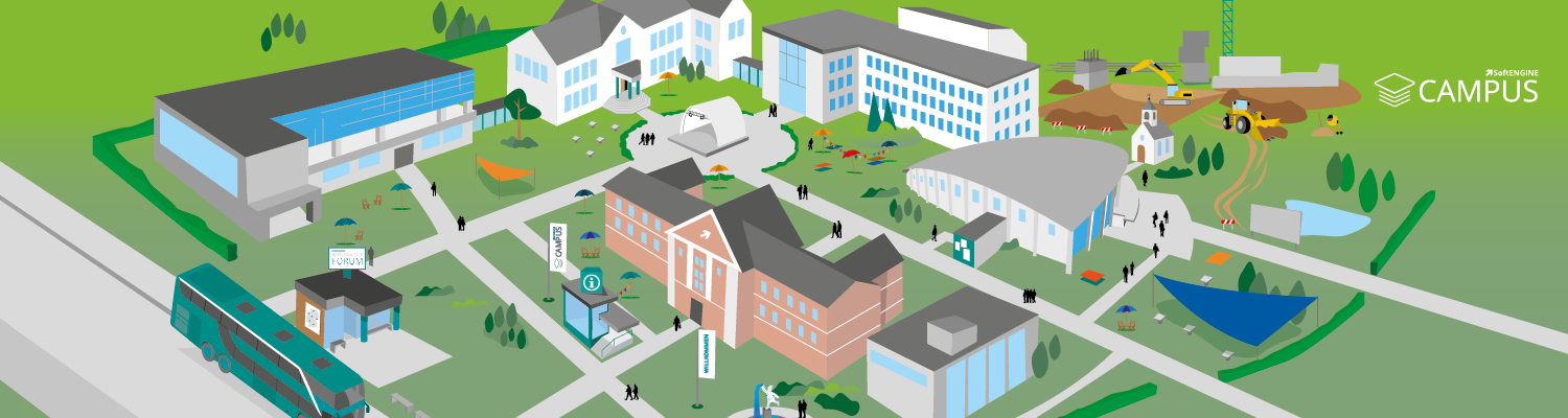 Illustration - Campus mit vielen Gebäuden, vielen Gehwegen und einer Straße mit einer Bushaltestelle