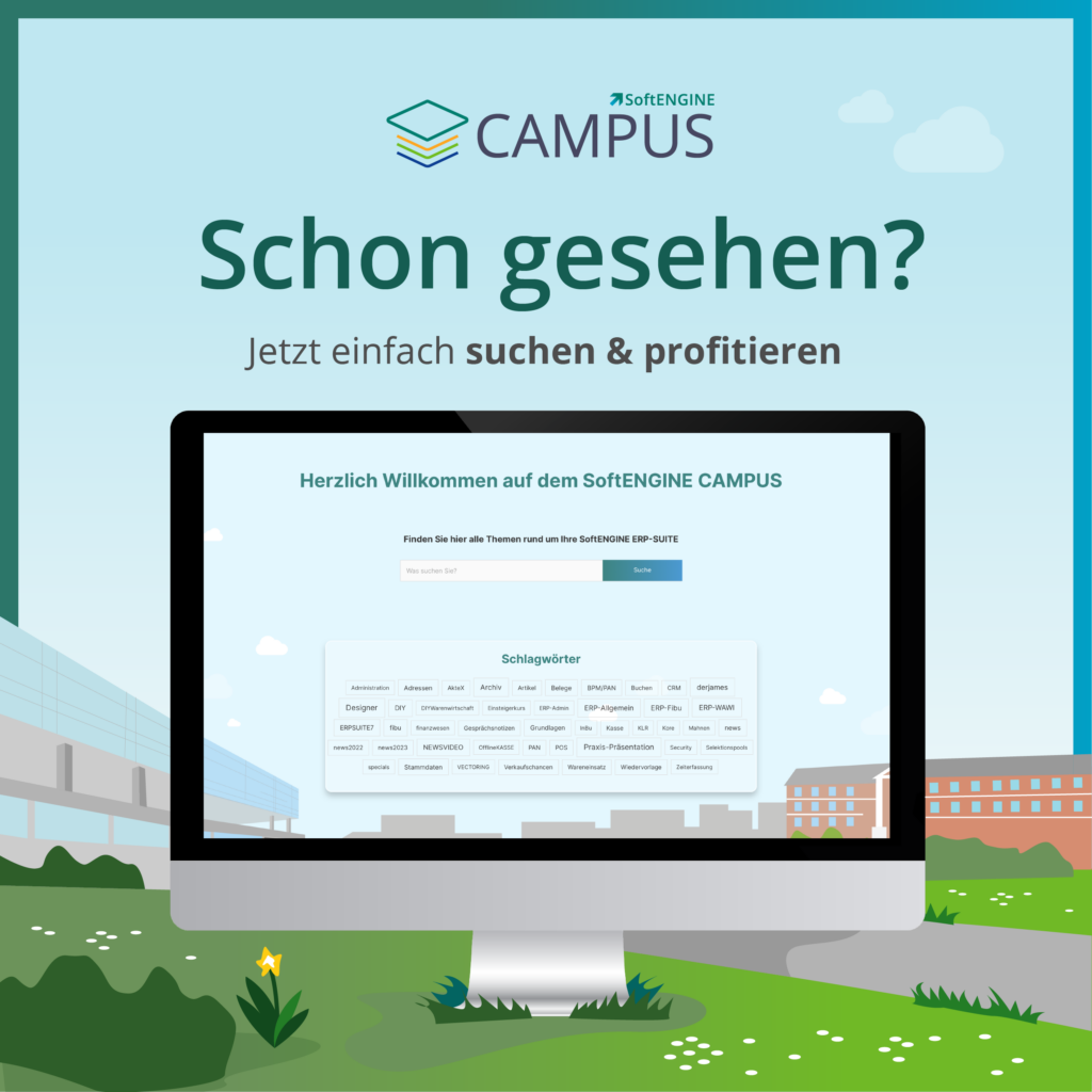 Illustration eines Bildschirm-Screens des SoftENGINE Campus Searchbar mit dem Text - Schon gesehen? Jetzt einfach suchen und profitieren