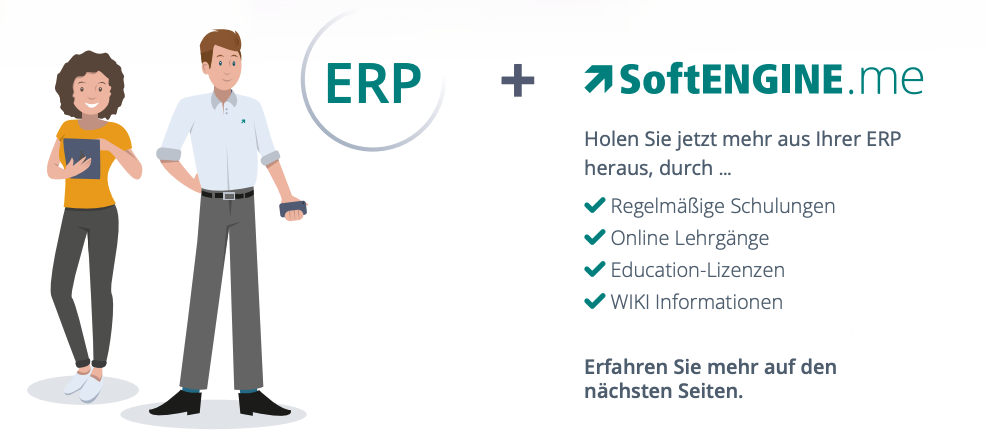 SoftENGINE Broschüre zum Komplettpaket mit dem Text - ERP plus SoftENGINE.me - Holen Sie mehr aus Ihrer ERP heraus, durch regelmäßige Studien, online Lehrgänge, Education-Lizenzen, WIKI Informationen - Erfahren Sie mehr auf den nächsten Seiten