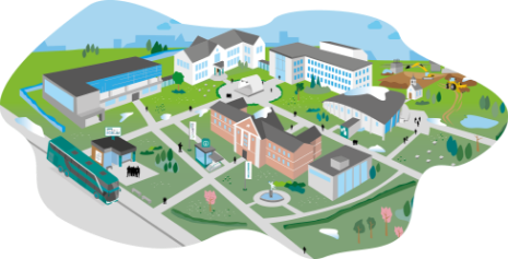 Illustration - Campus mit vielen Gebäuden, kleinen Gehwegen und einer Straße mit einer Bushaltestelle