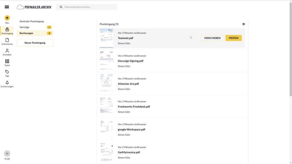 PDFMAILER.ARCHIV Posteingang, automatisierter Rechnungseingang E-Rechnung